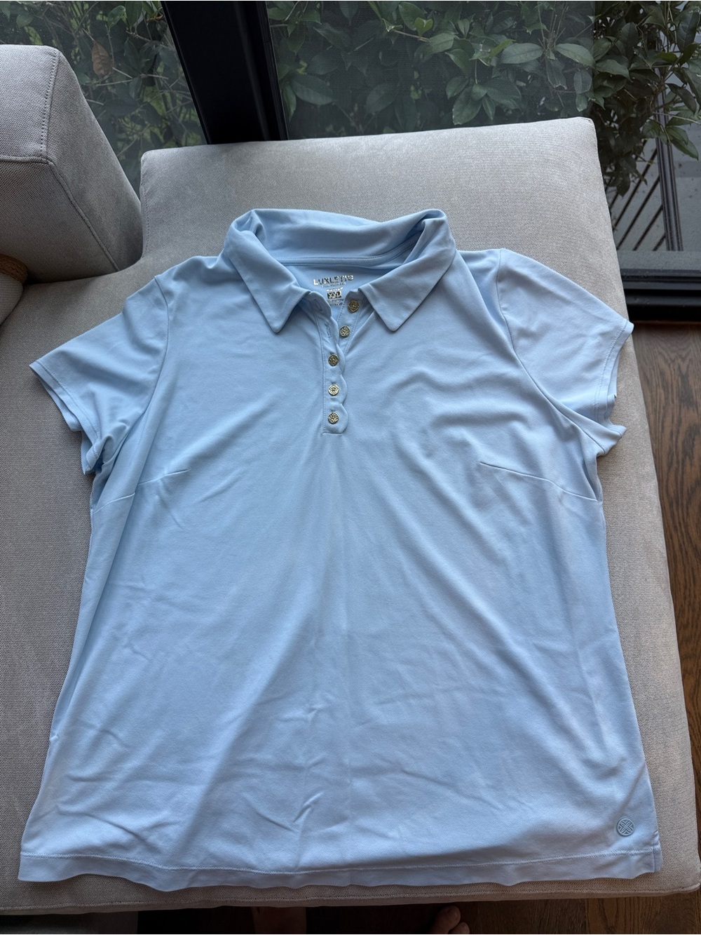 Lilly Pulitzer Light Blue Luxletic Athletic Gold Button Polo Shirt Pickleball